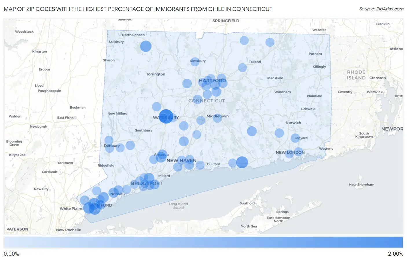 Zip Codes with the Highest Percentage of Immigrants from Chile in Connecticut Map