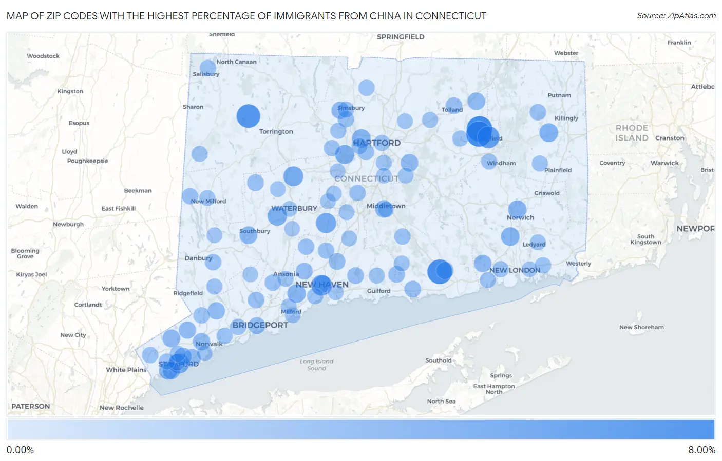 Zip Codes with the Highest Percentage of Immigrants from China in Connecticut Map