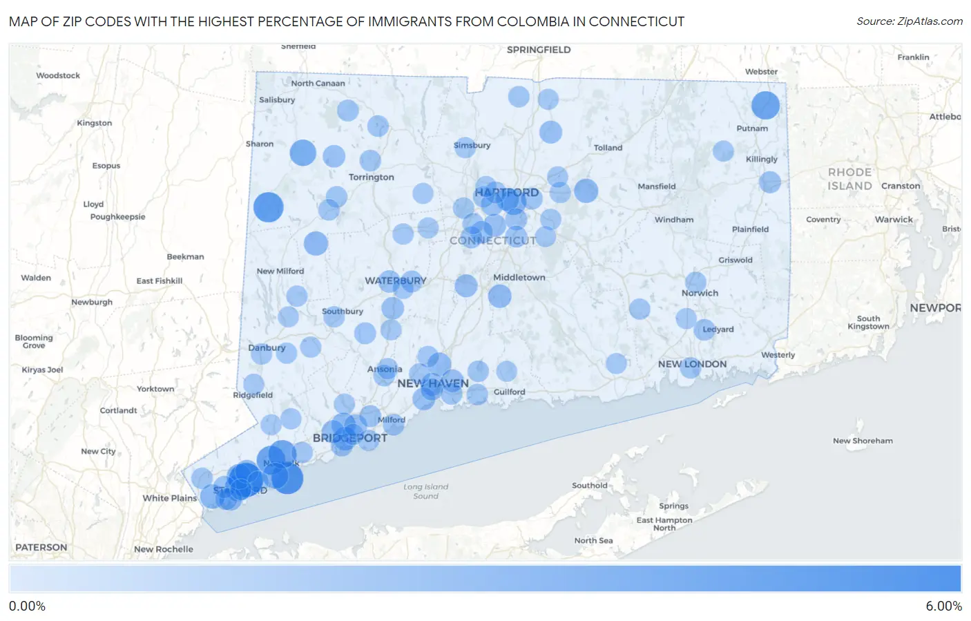 Zip Codes with the Highest Percentage of Immigrants from Colombia in Connecticut Map