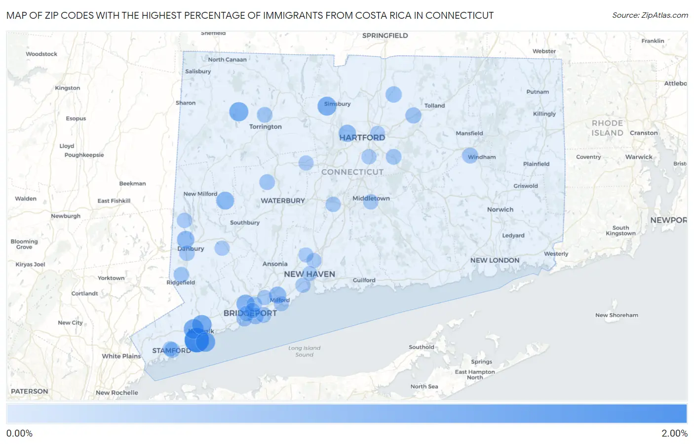 Zip Codes with the Highest Percentage of Immigrants from Costa Rica in Connecticut Map
