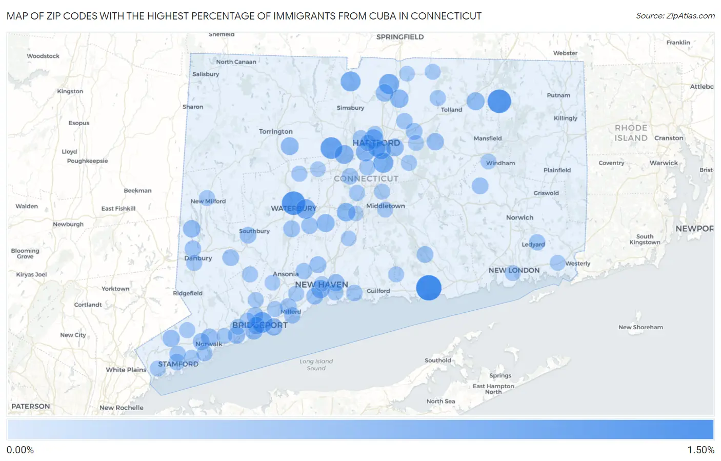 Zip Codes with the Highest Percentage of Immigrants from Cuba in Connecticut Map