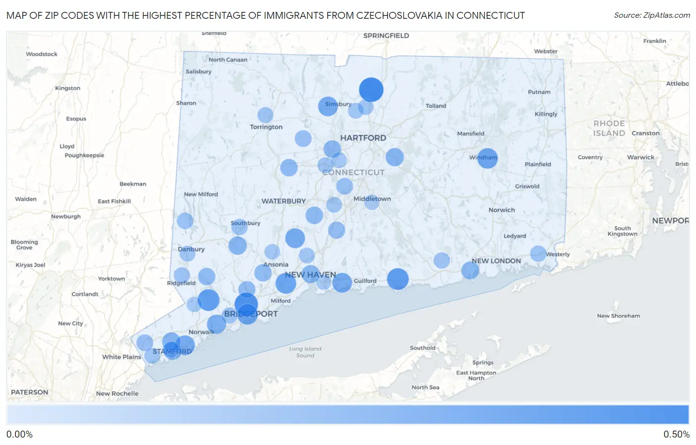 Zip Codes with the Highest Percentage of Immigrants from Czechoslovakia in Connecticut Map
