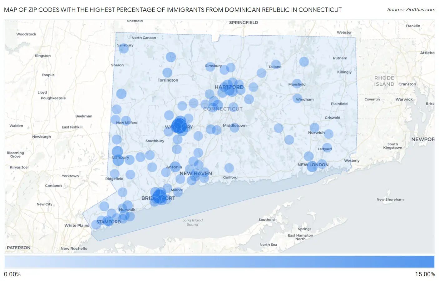 Zip Codes with the Highest Percentage of Immigrants from Dominican Republic in Connecticut Map