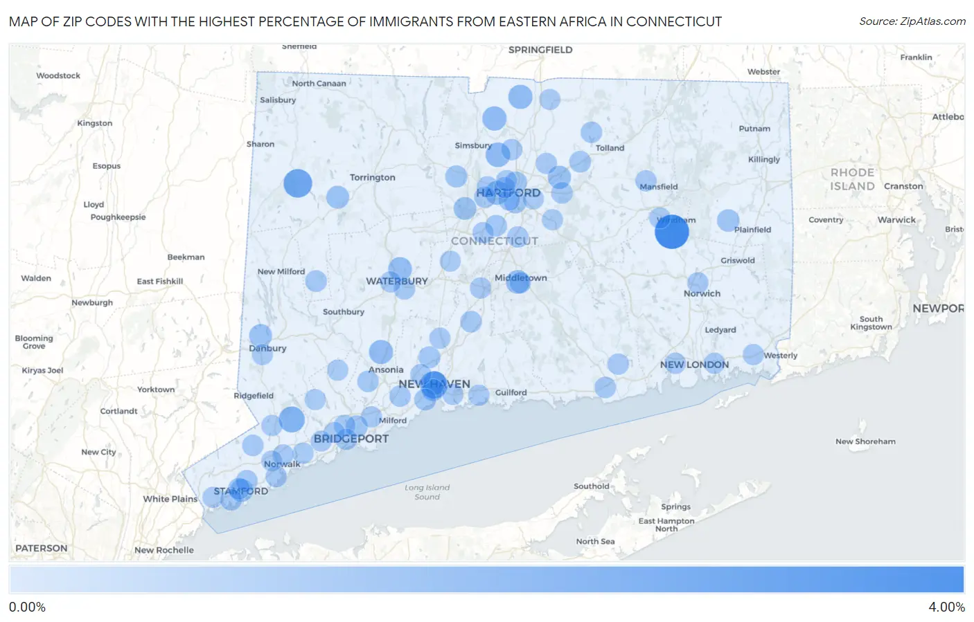 Zip Codes with the Highest Percentage of Immigrants from Eastern Africa in Connecticut Map