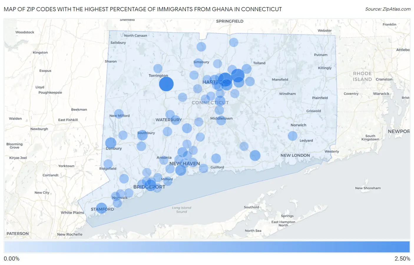 Zip Codes with the Highest Percentage of Immigrants from Ghana in Connecticut Map