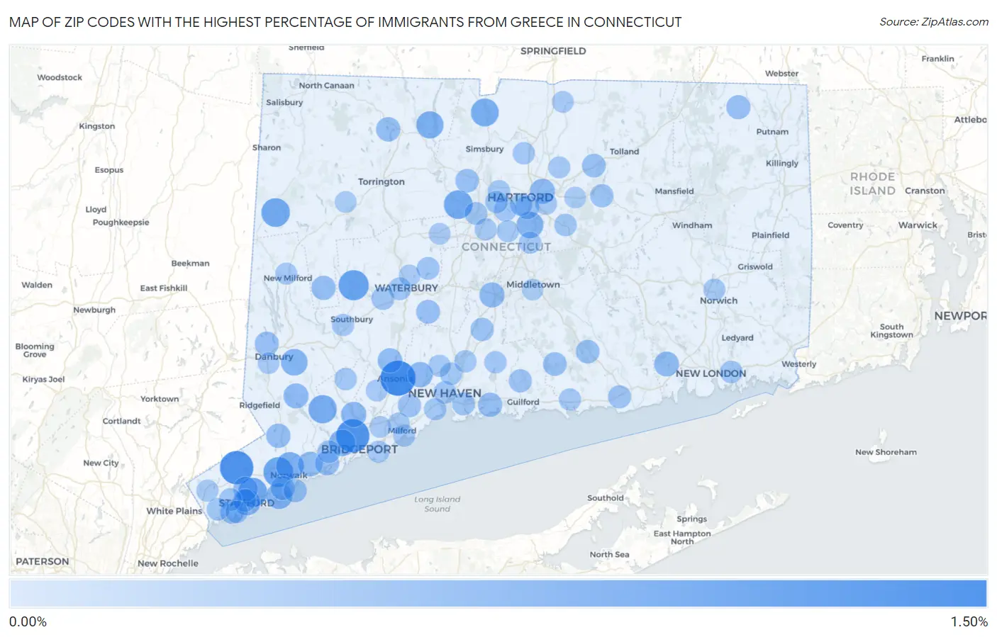 Zip Codes with the Highest Percentage of Immigrants from Greece in Connecticut Map