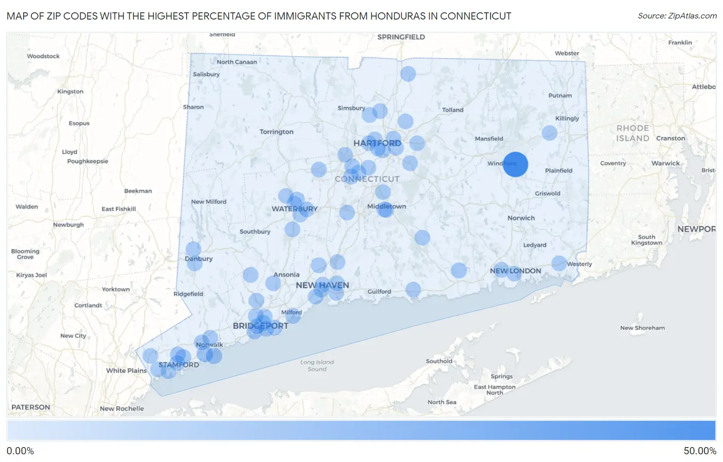 Zip Codes with the Highest Percentage of Immigrants from Honduras in Connecticut Map
