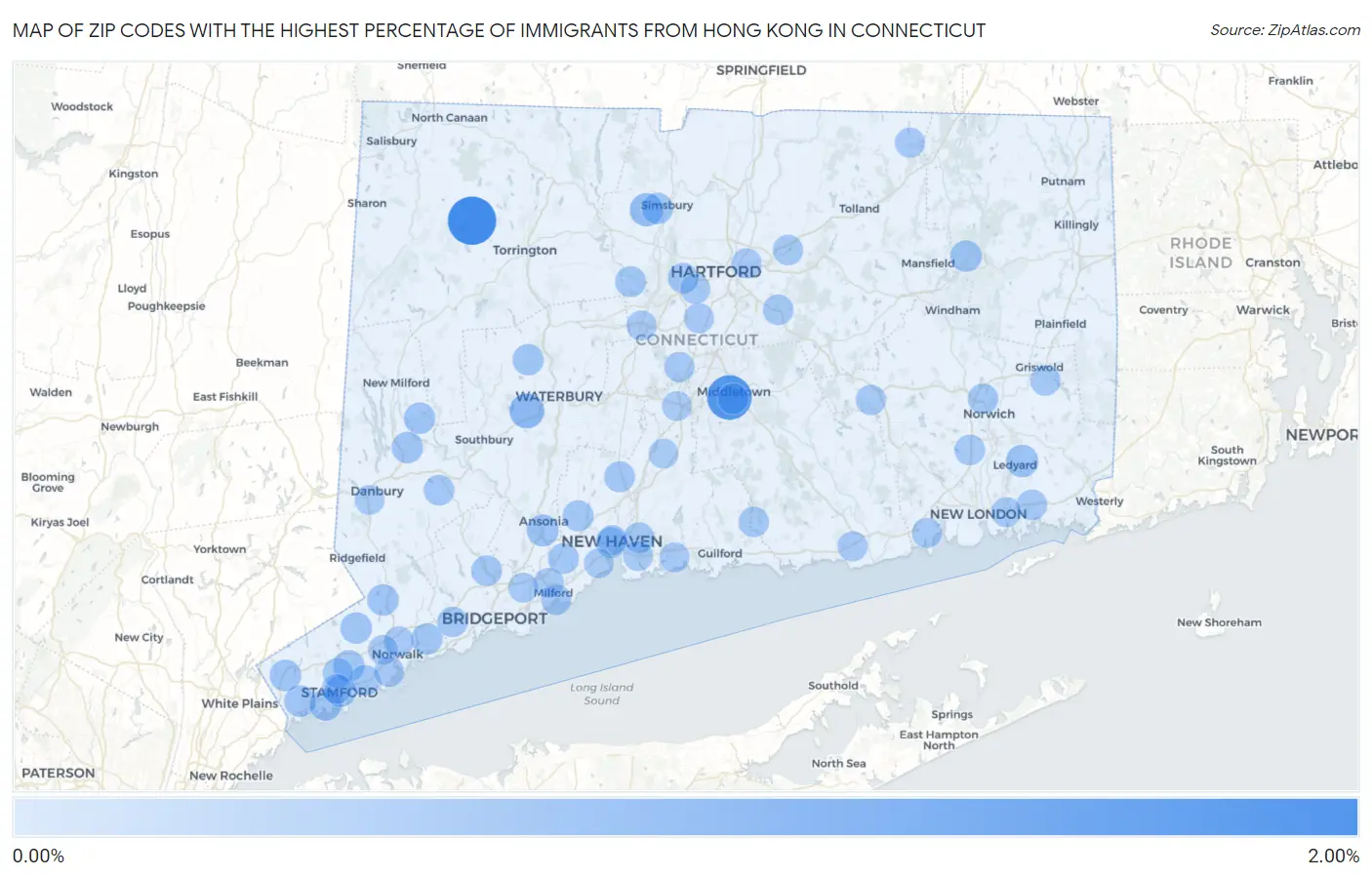 Zip Codes with the Highest Percentage of Immigrants from Hong Kong in Connecticut Map