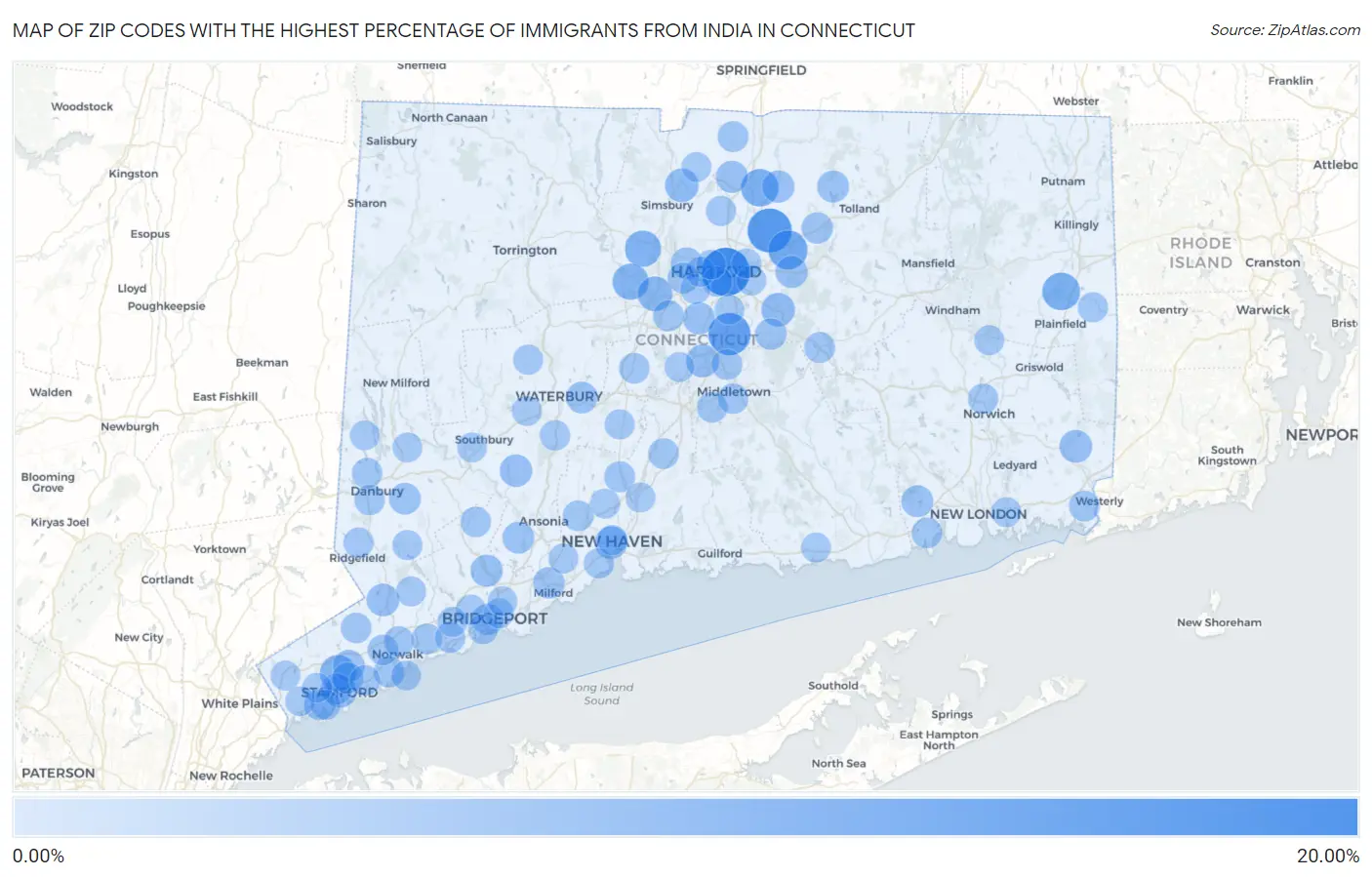 Zip Codes with the Highest Percentage of Immigrants from India in Connecticut Map
