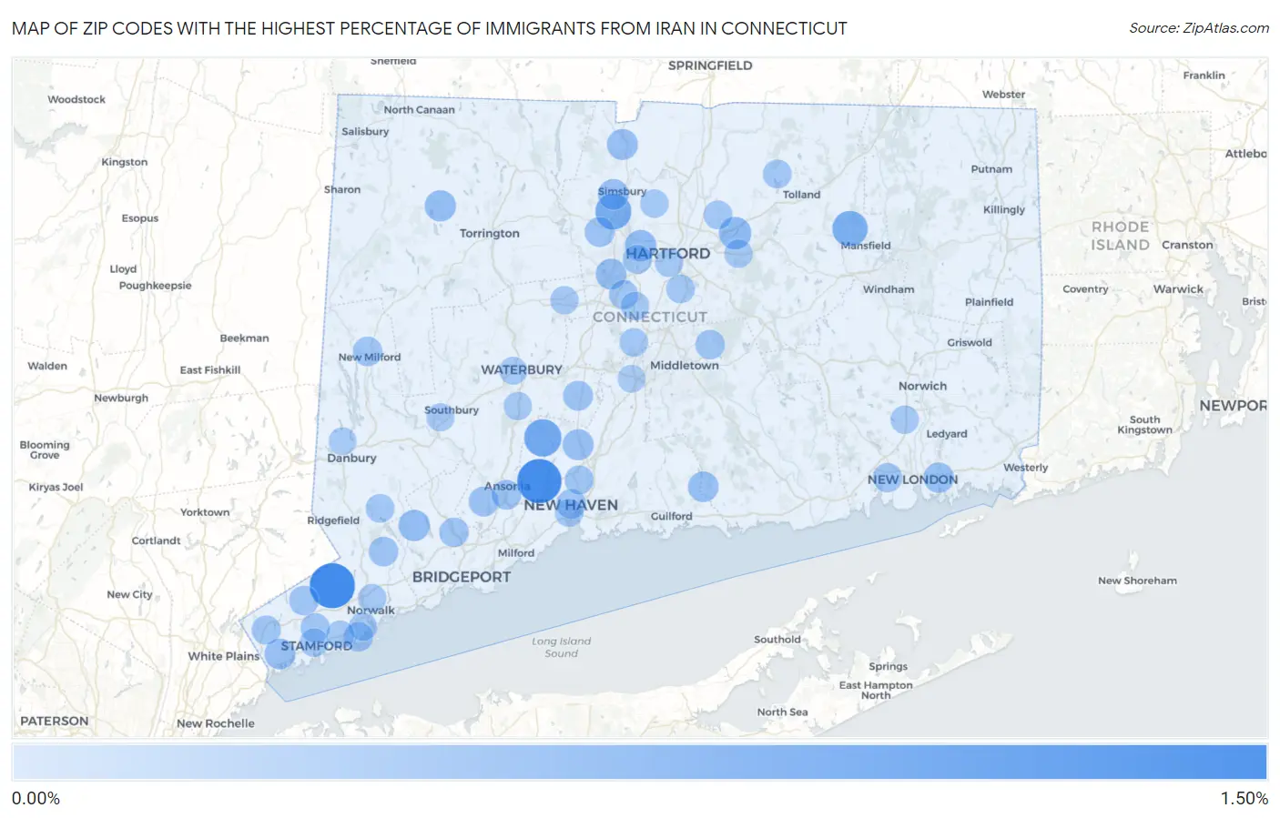Zip Codes with the Highest Percentage of Immigrants from Iran in Connecticut Map