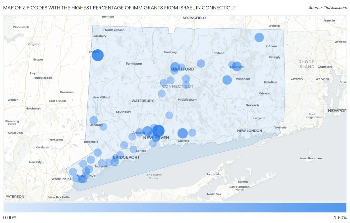 Zip Codes with the Highest Percentage of Immigrants from Israel in Connecticut Map