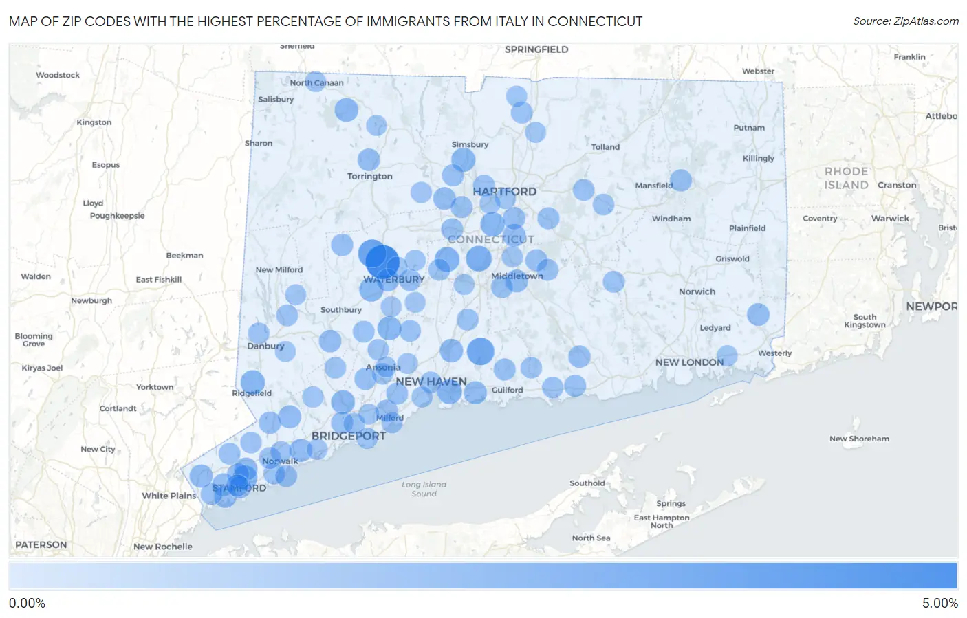 Zip Codes with the Highest Percentage of Immigrants from Italy in Connecticut Map