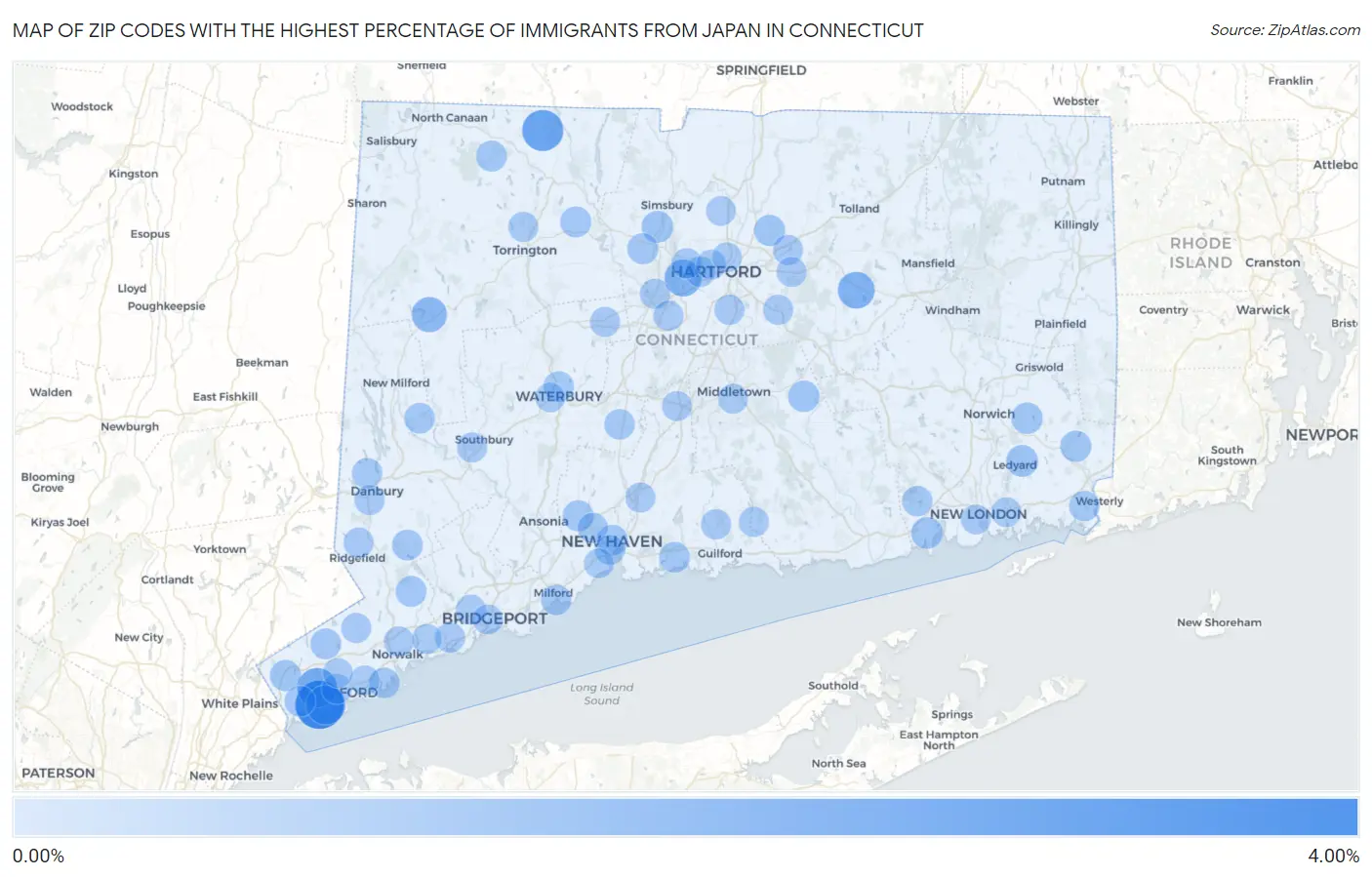 Zip Codes with the Highest Percentage of Immigrants from Japan in Connecticut Map