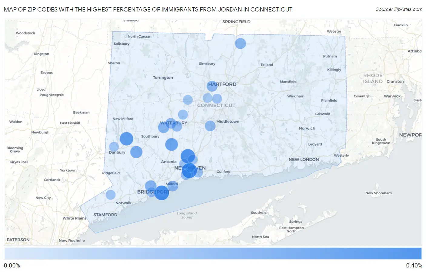Zip Codes with the Highest Percentage of Immigrants from Jordan in Connecticut Map