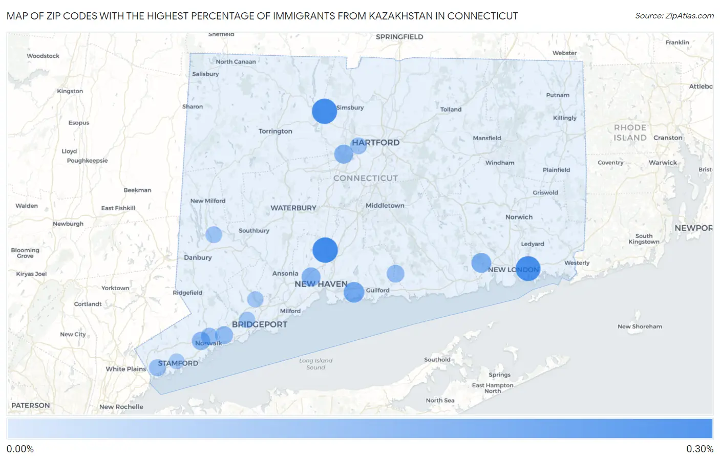 Zip Codes with the Highest Percentage of Immigrants from Kazakhstan in Connecticut Map