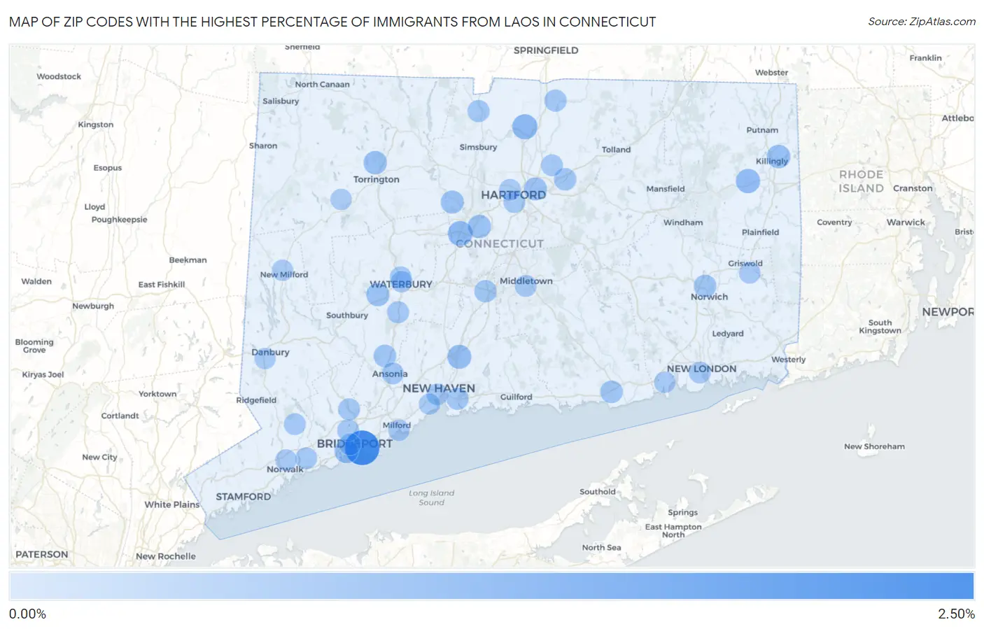 Zip Codes with the Highest Percentage of Immigrants from Laos in Connecticut Map