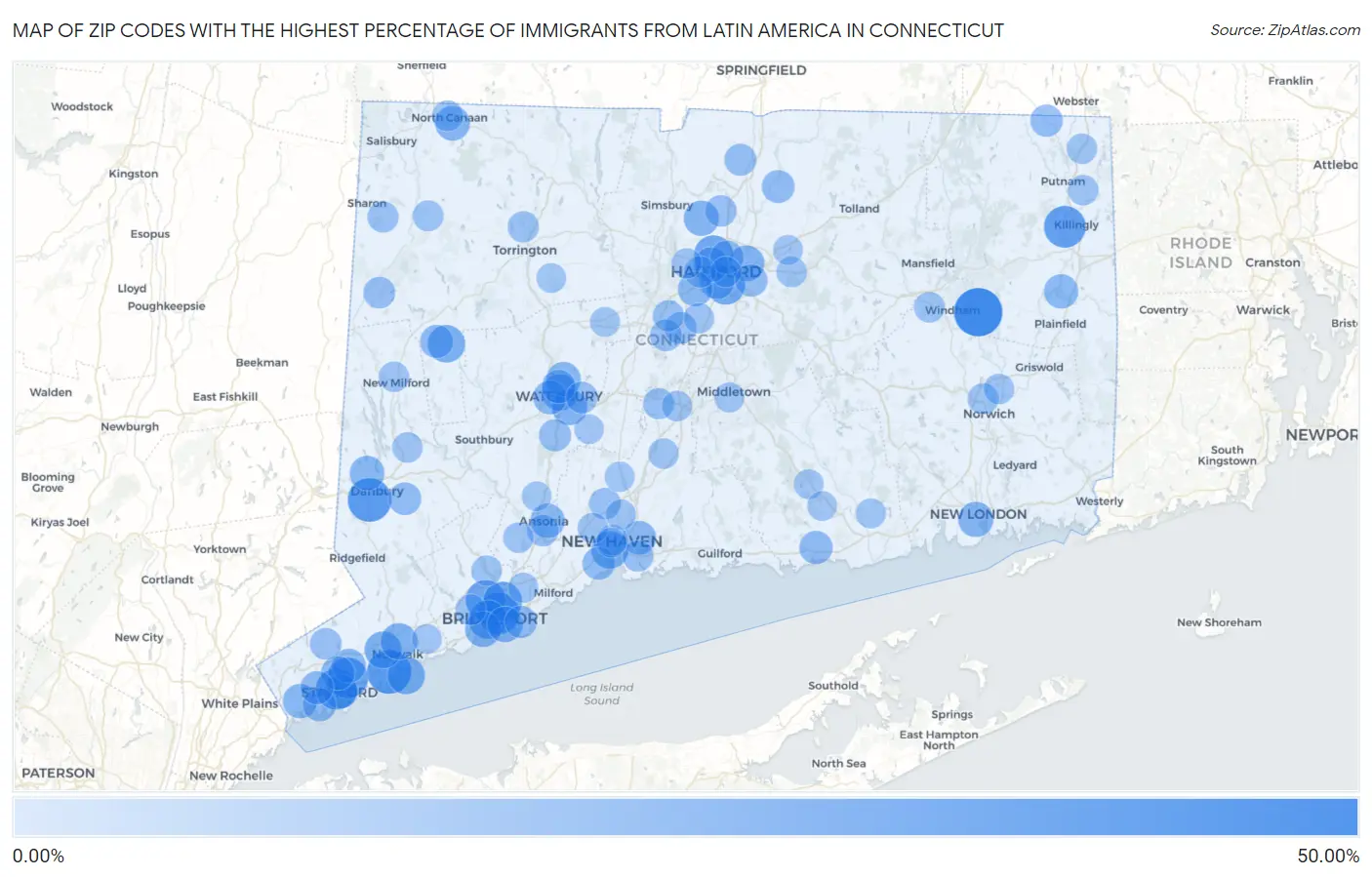 Zip Codes with the Highest Percentage of Immigrants from Latin America in Connecticut Map