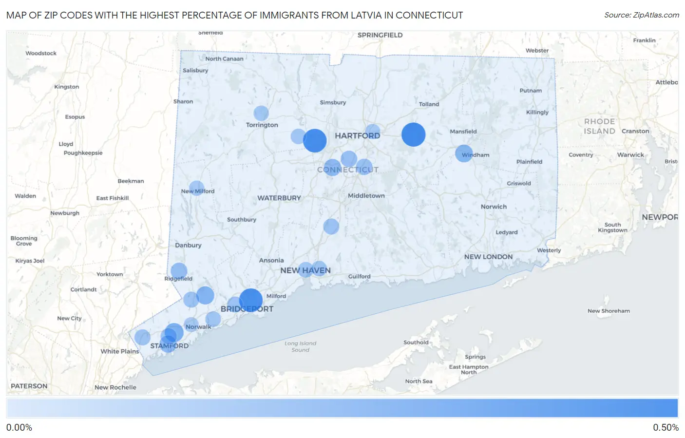 Zip Codes with the Highest Percentage of Immigrants from Latvia in Connecticut Map