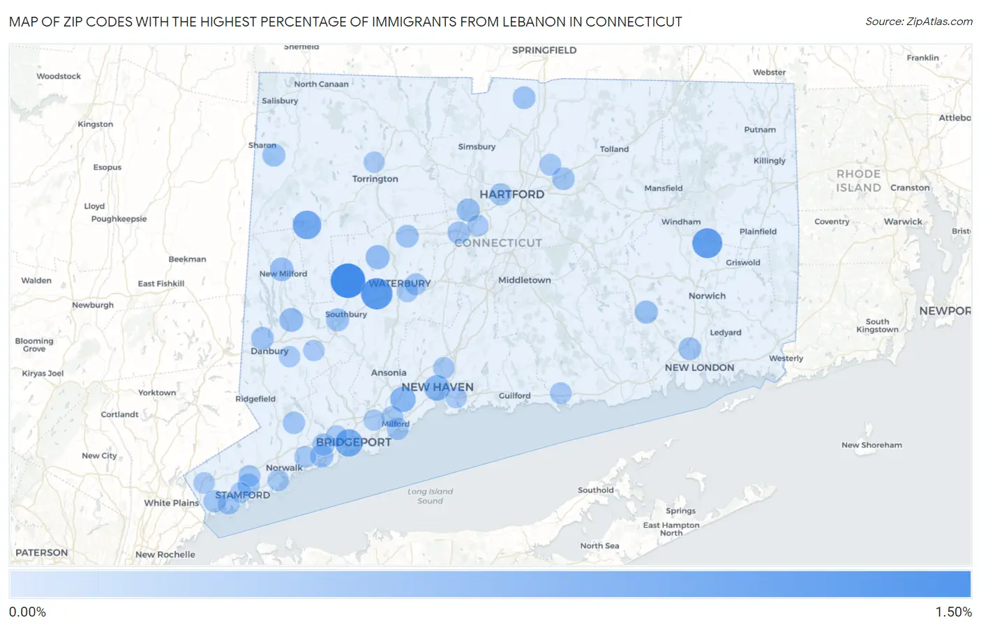 Zip Codes with the Highest Percentage of Immigrants from Lebanon in Connecticut Map