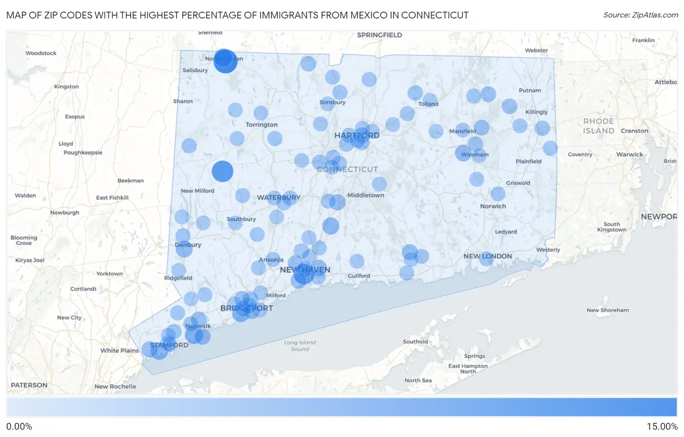 Zip Codes with the Highest Percentage of Immigrants from Mexico in Connecticut Map