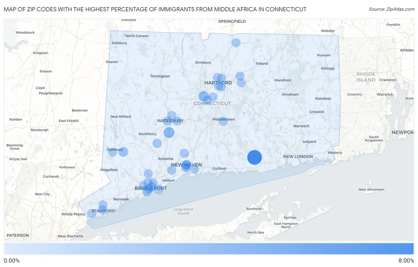Zip Codes with the Highest Percentage of Immigrants from Middle Africa in Connecticut Map