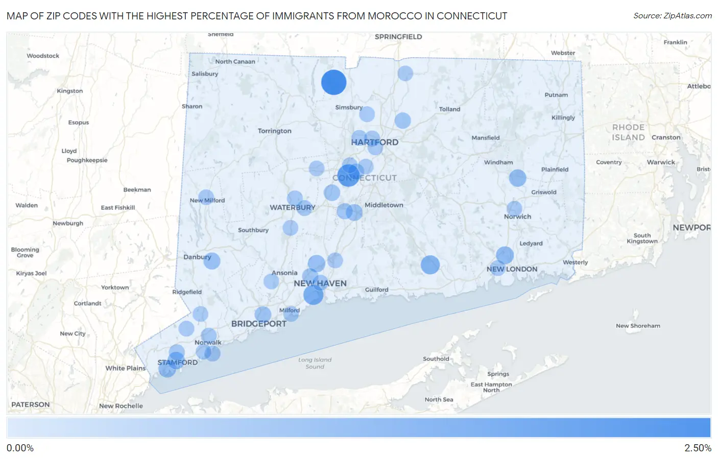 Zip Codes with the Highest Percentage of Immigrants from Morocco in Connecticut Map