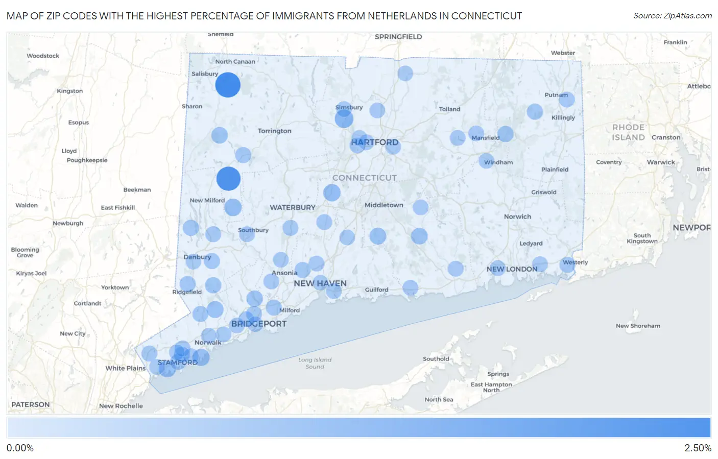 Zip Codes with the Highest Percentage of Immigrants from Netherlands in Connecticut Map