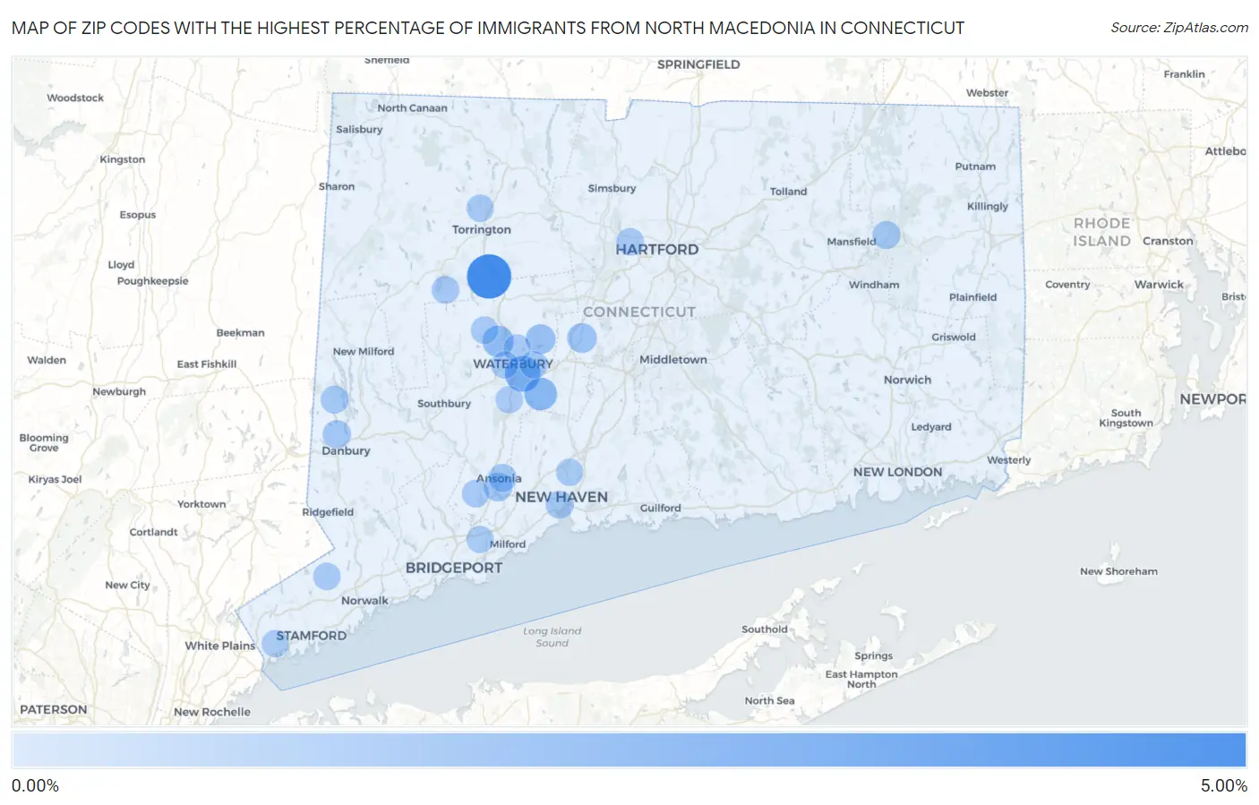 Zip Codes with the Highest Percentage of Immigrants from North Macedonia in Connecticut Map