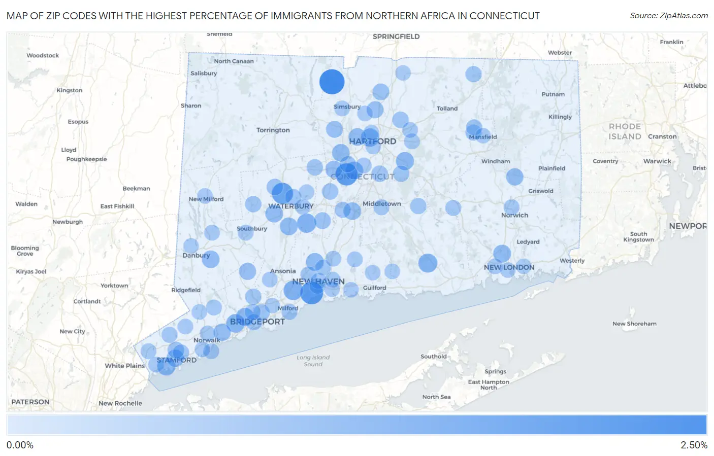 Zip Codes with the Highest Percentage of Immigrants from Northern Africa in Connecticut Map