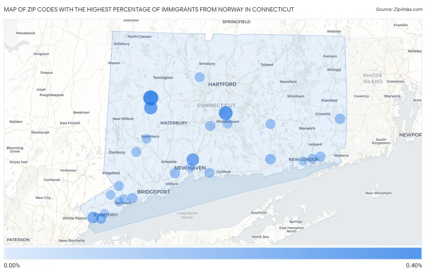Zip Codes with the Highest Percentage of Immigrants from Norway in Connecticut Map