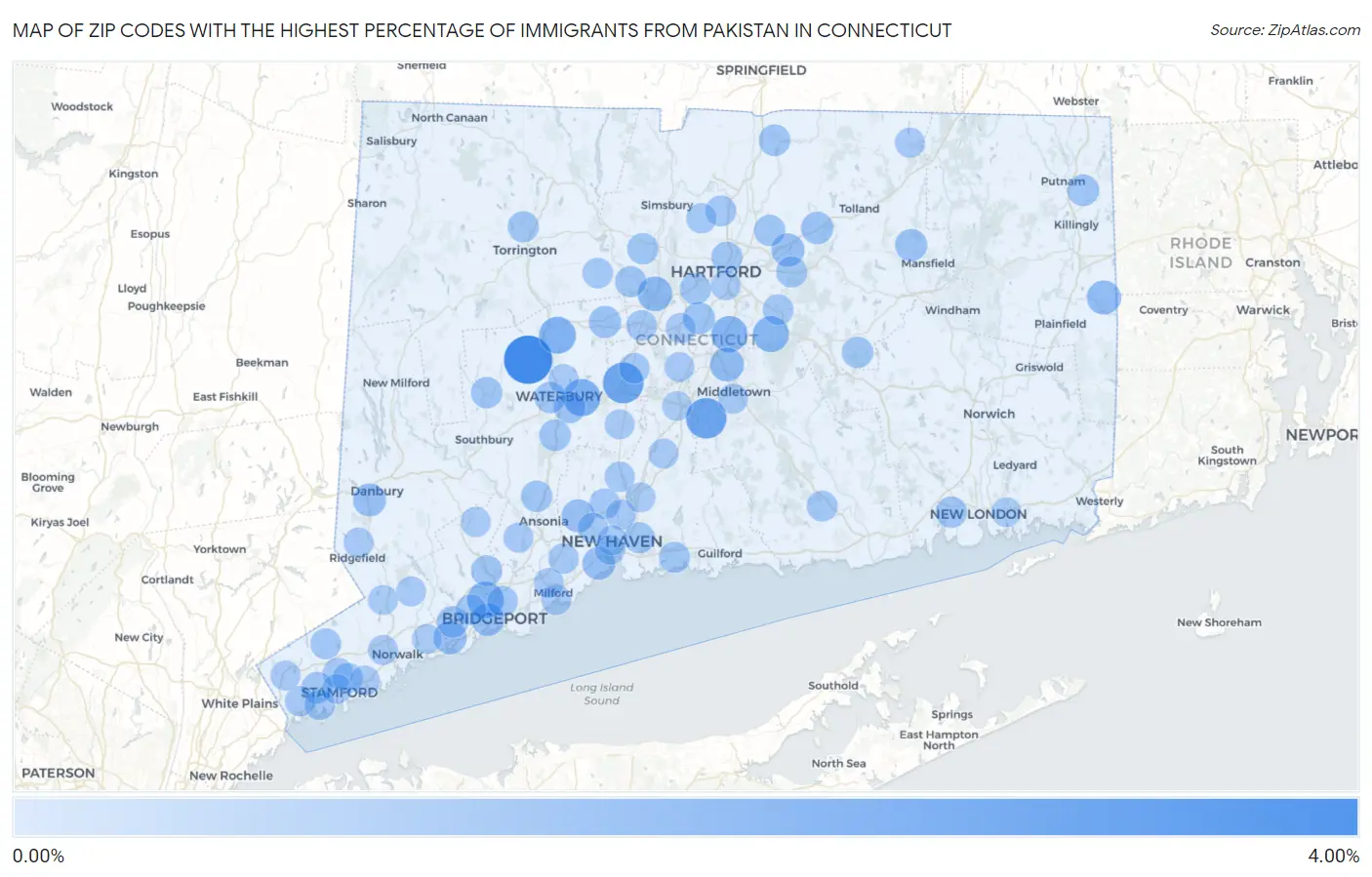 Zip Codes with the Highest Percentage of Immigrants from Pakistan in Connecticut Map
