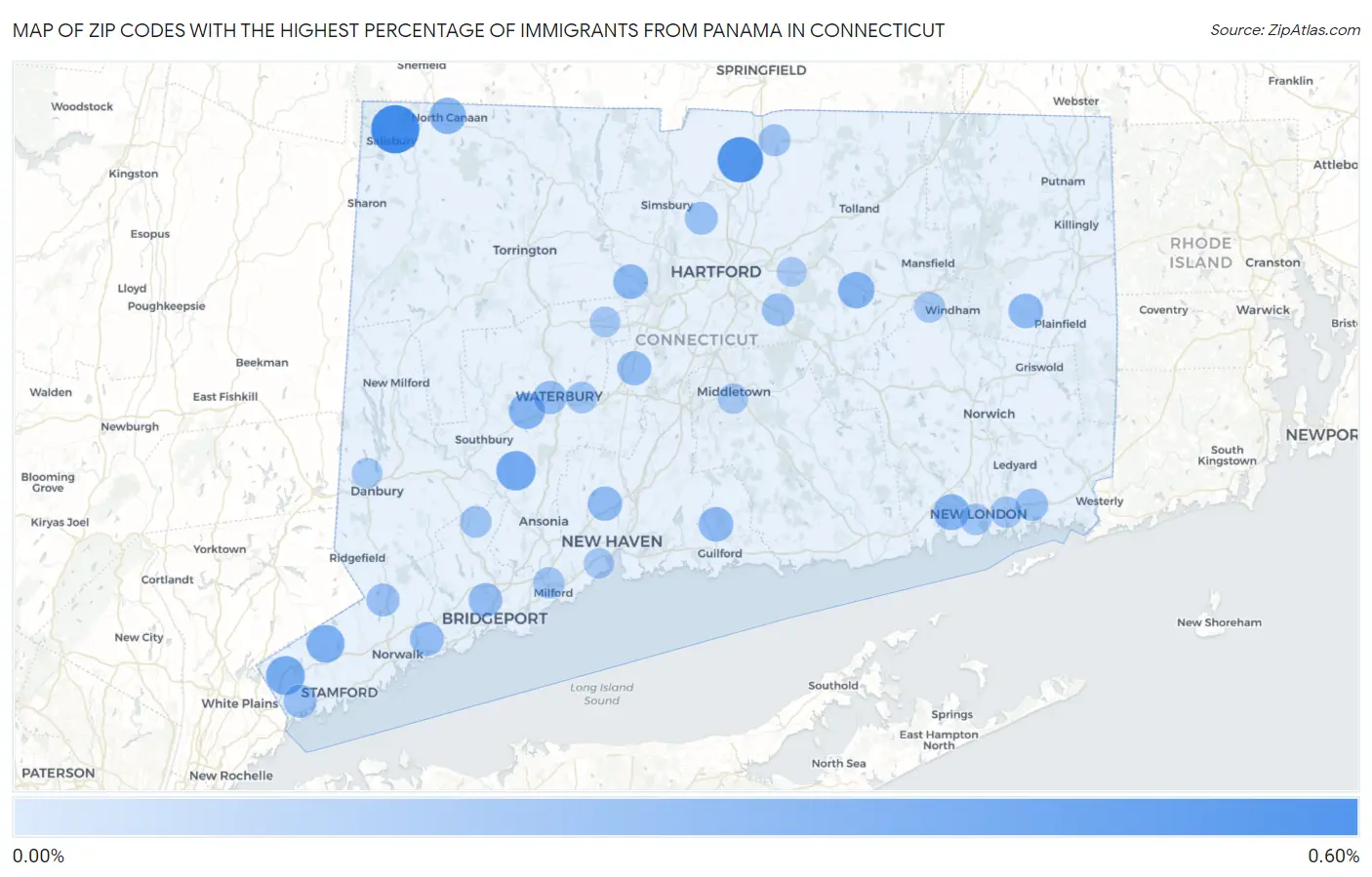 Zip Codes with the Highest Percentage of Immigrants from Panama in Connecticut Map