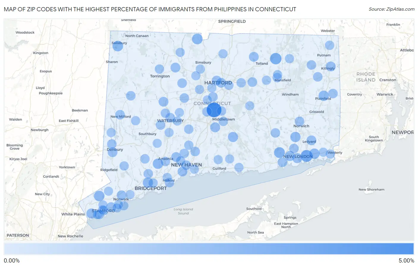 Zip Codes with the Highest Percentage of Immigrants from Philippines in Connecticut Map