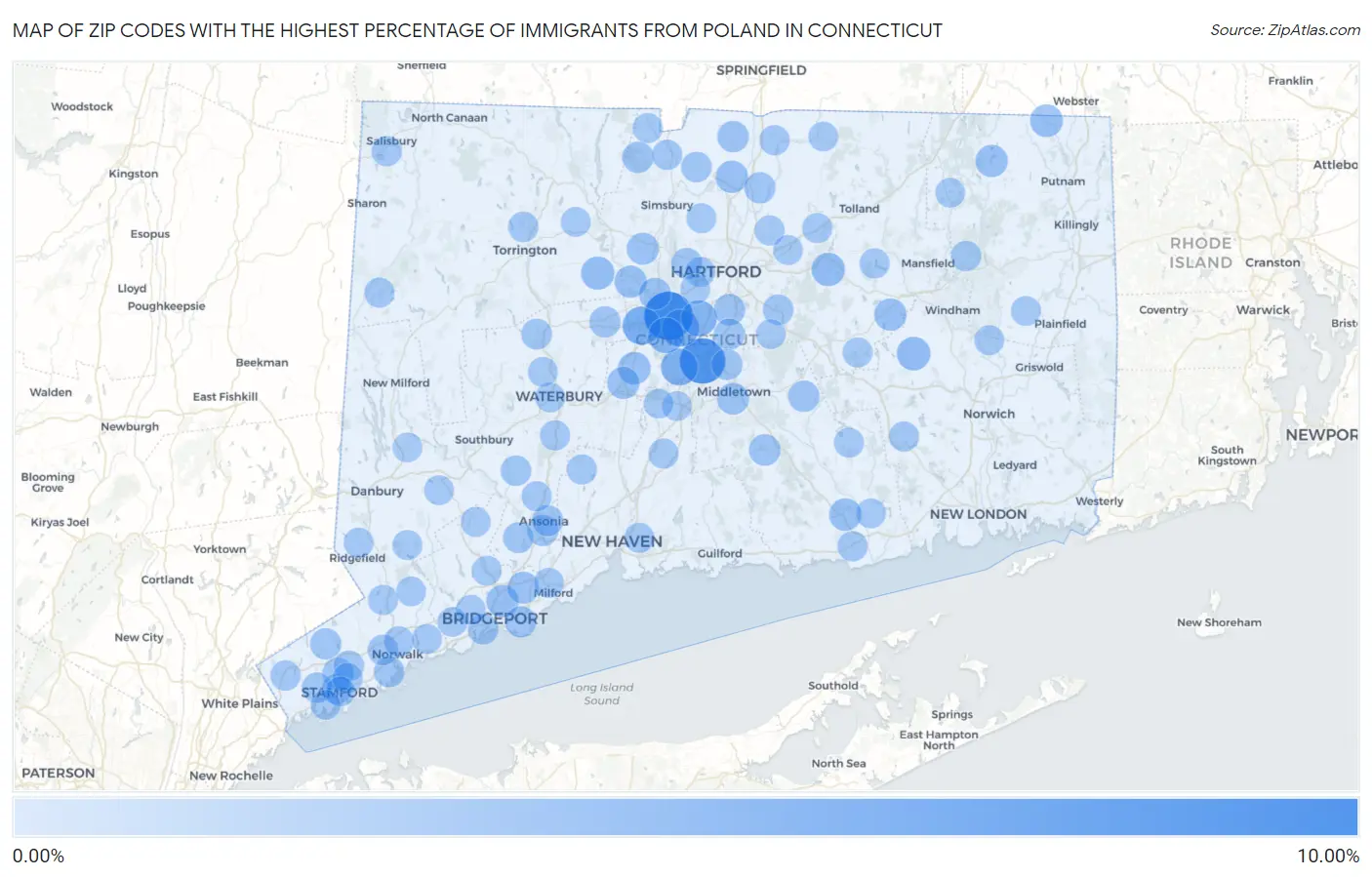 Zip Codes with the Highest Percentage of Immigrants from Poland in Connecticut Map