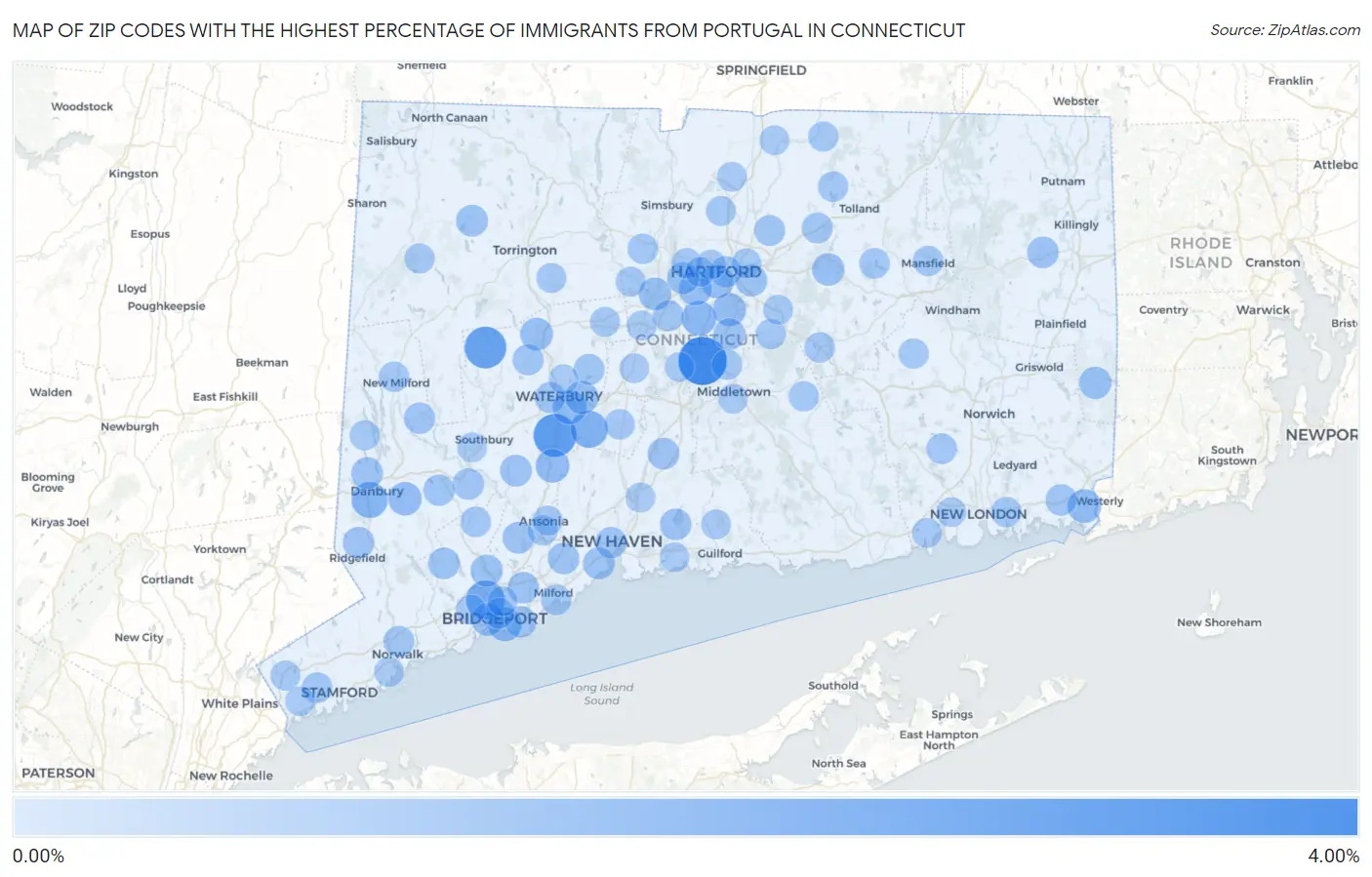 Zip Codes with the Highest Percentage of Immigrants from Portugal in Connecticut Map