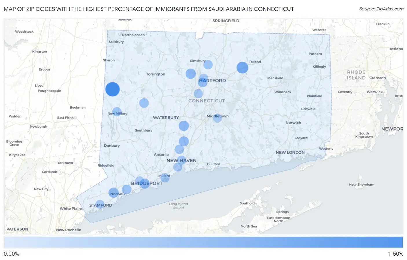 Zip Codes with the Highest Percentage of Immigrants from Saudi Arabia in Connecticut Map