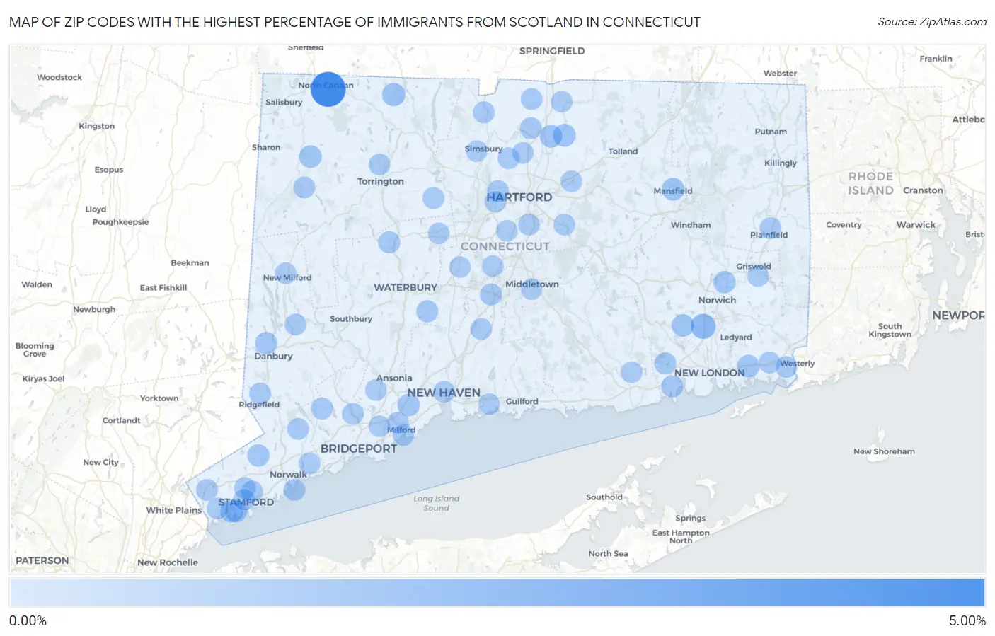 Zip Codes with the Highest Percentage of Immigrants from Scotland in Connecticut Map