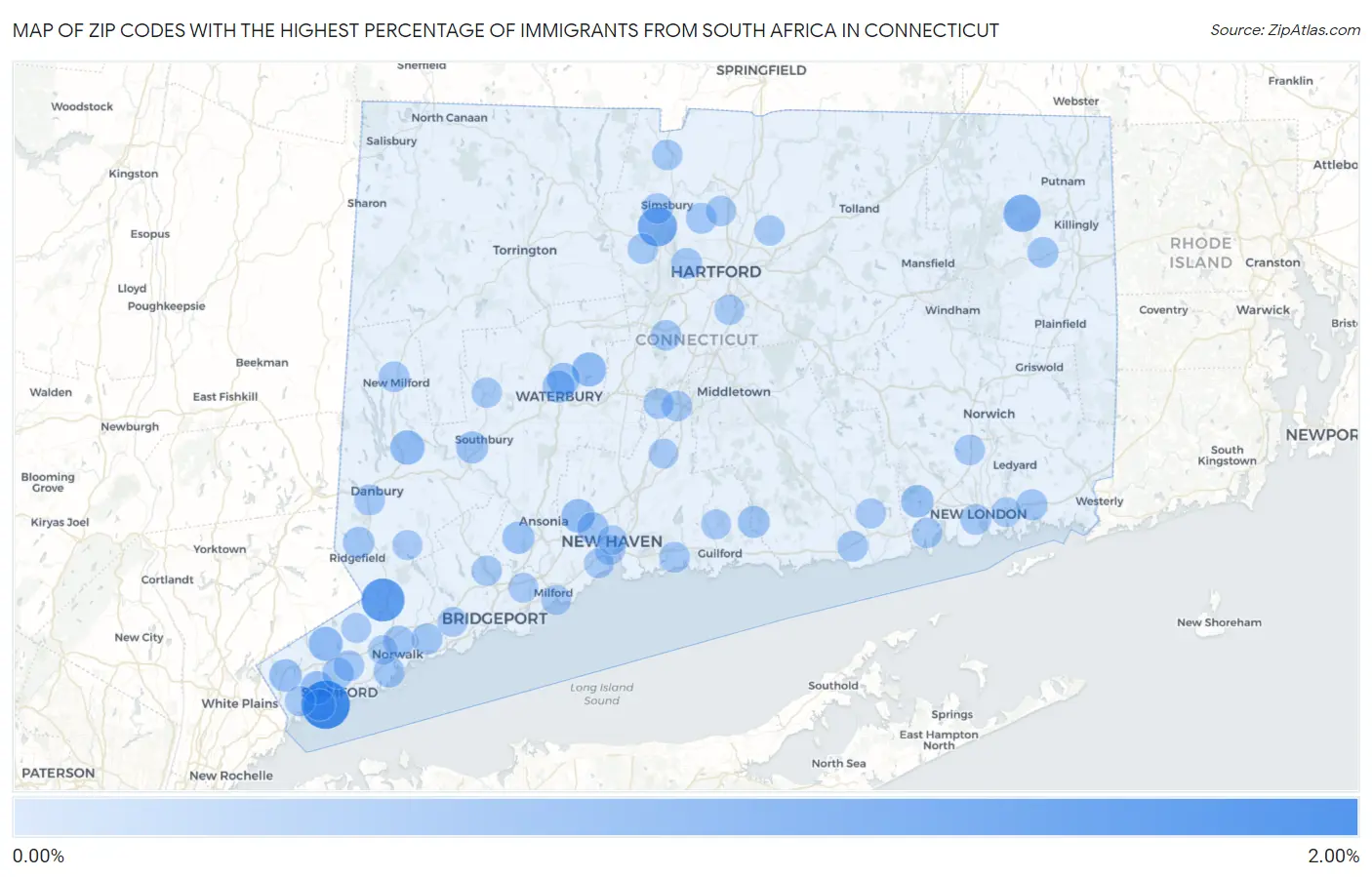 Zip Codes with the Highest Percentage of Immigrants from South Africa in Connecticut Map
