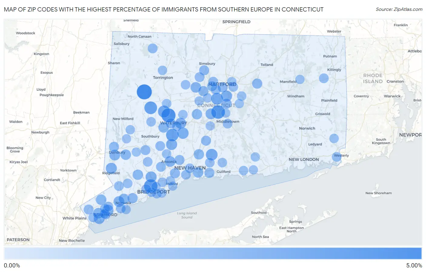 Zip Codes with the Highest Percentage of Immigrants from Southern Europe in Connecticut Map