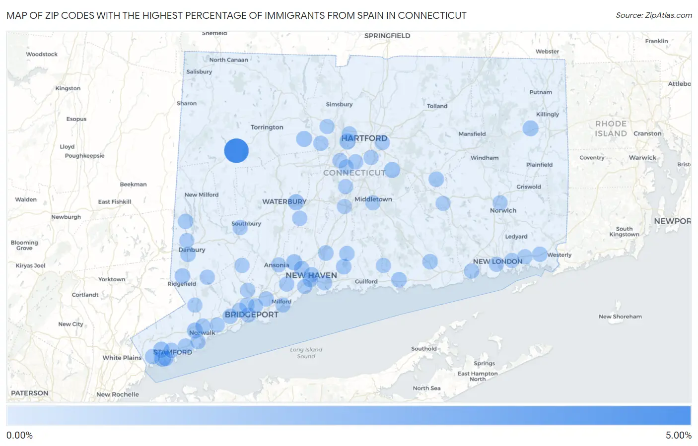Zip Codes with the Highest Percentage of Immigrants from Spain in Connecticut Map