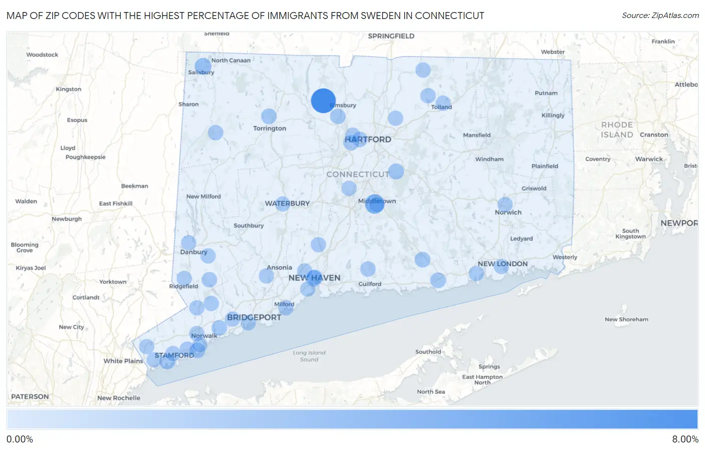 Zip Codes with the Highest Percentage of Immigrants from Sweden in Connecticut Map