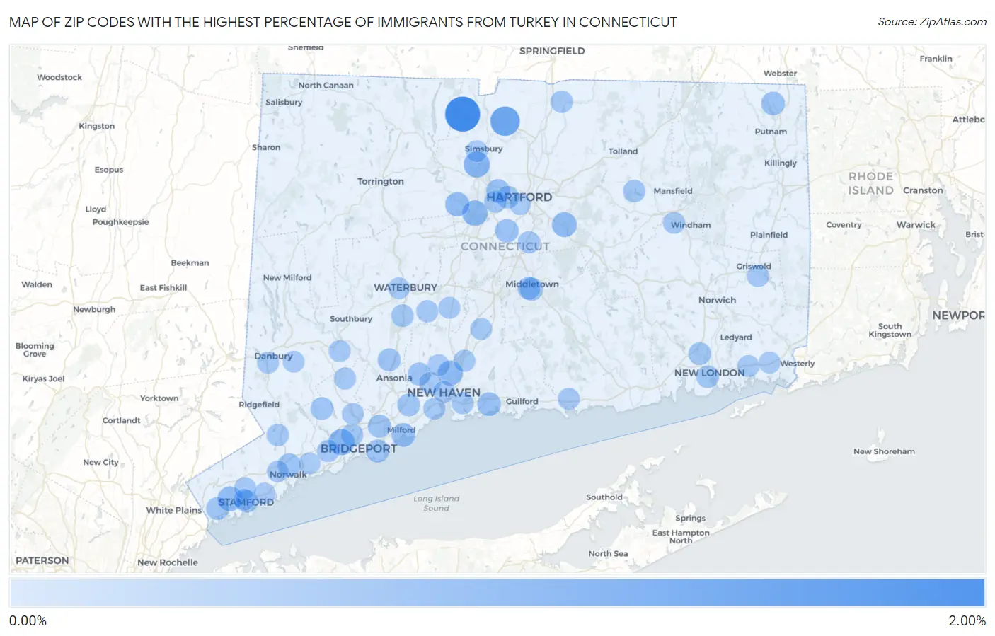 Zip Codes with the Highest Percentage of Immigrants from Turkey in Connecticut Map