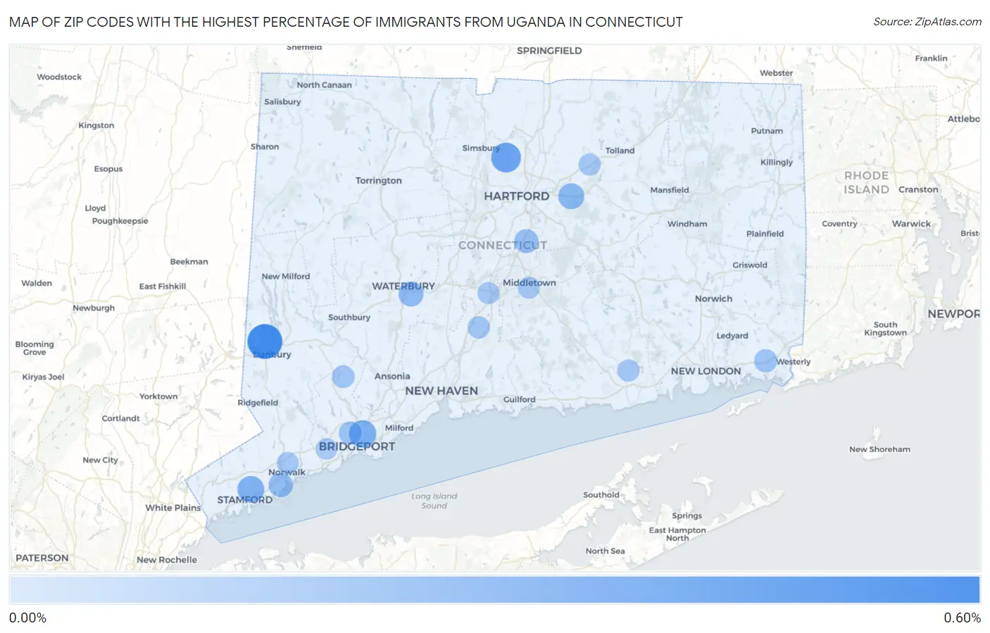 Zip Codes with the Highest Percentage of Immigrants from Uganda in Connecticut Map
