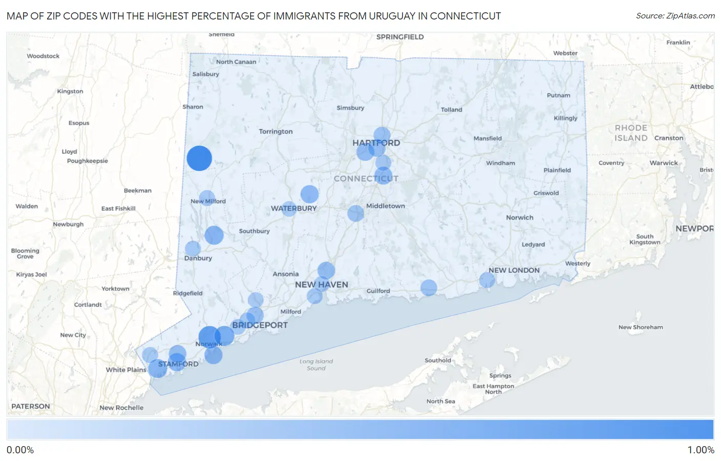 Zip Codes with the Highest Percentage of Immigrants from Uruguay in Connecticut Map