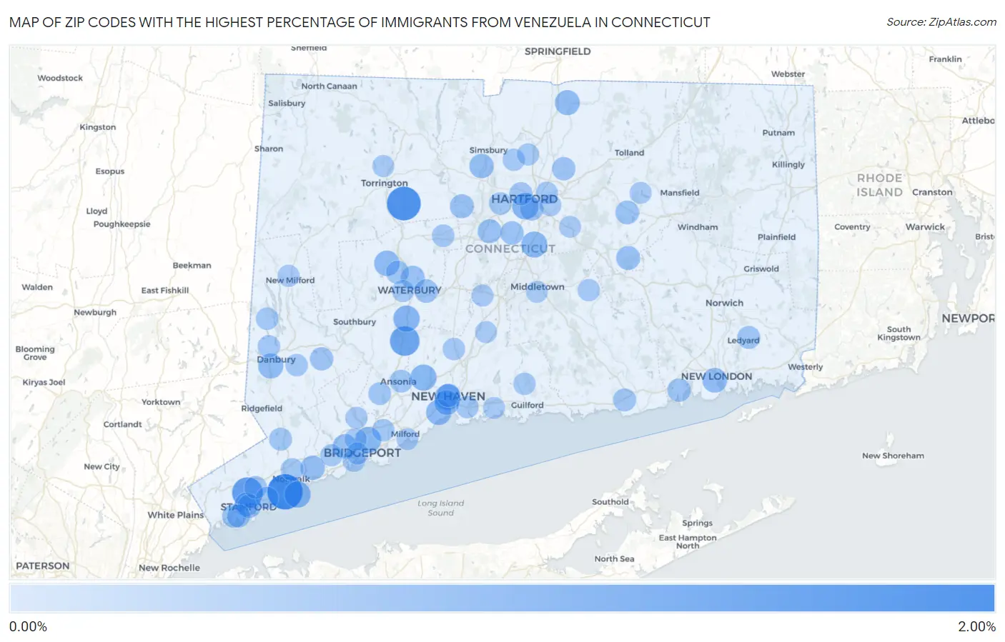 Zip Codes with the Highest Percentage of Immigrants from Venezuela in Connecticut Map