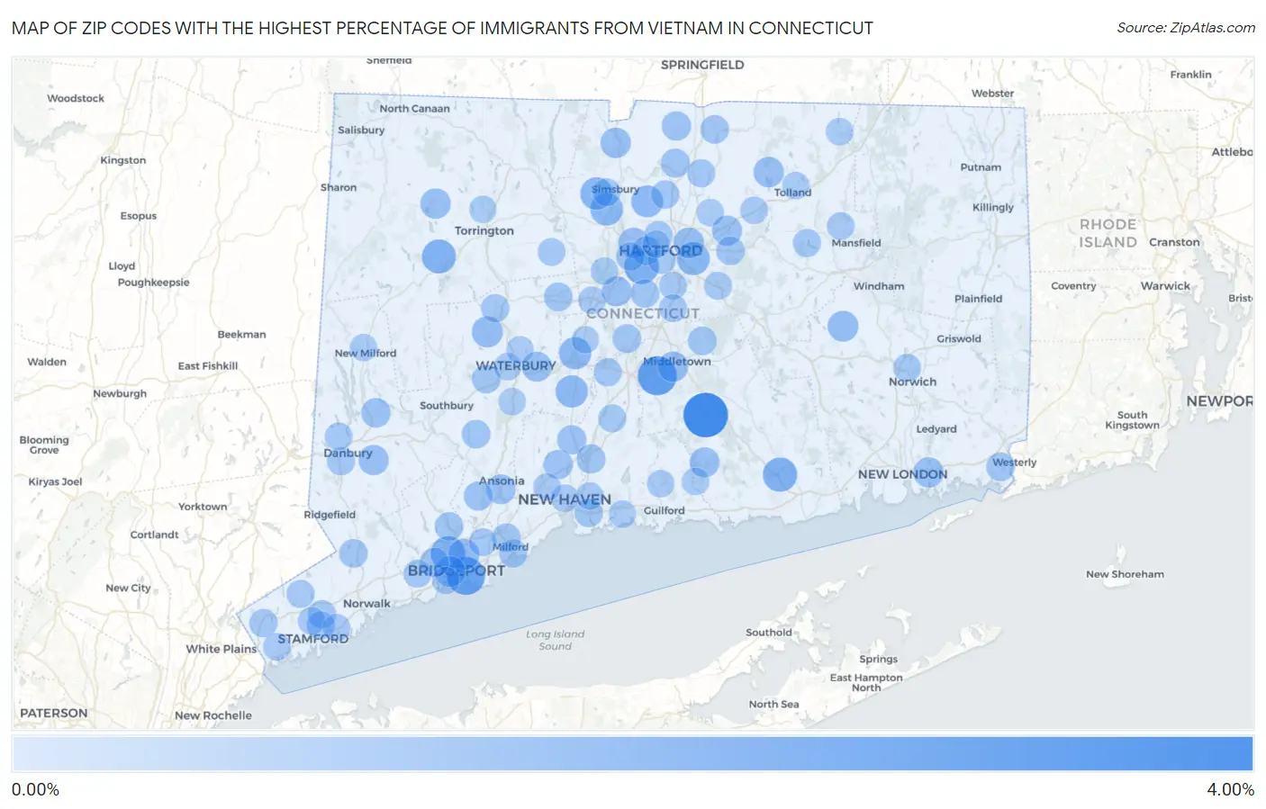 Zip Codes with the Highest Percentage of Immigrants from Vietnam in Connecticut Map