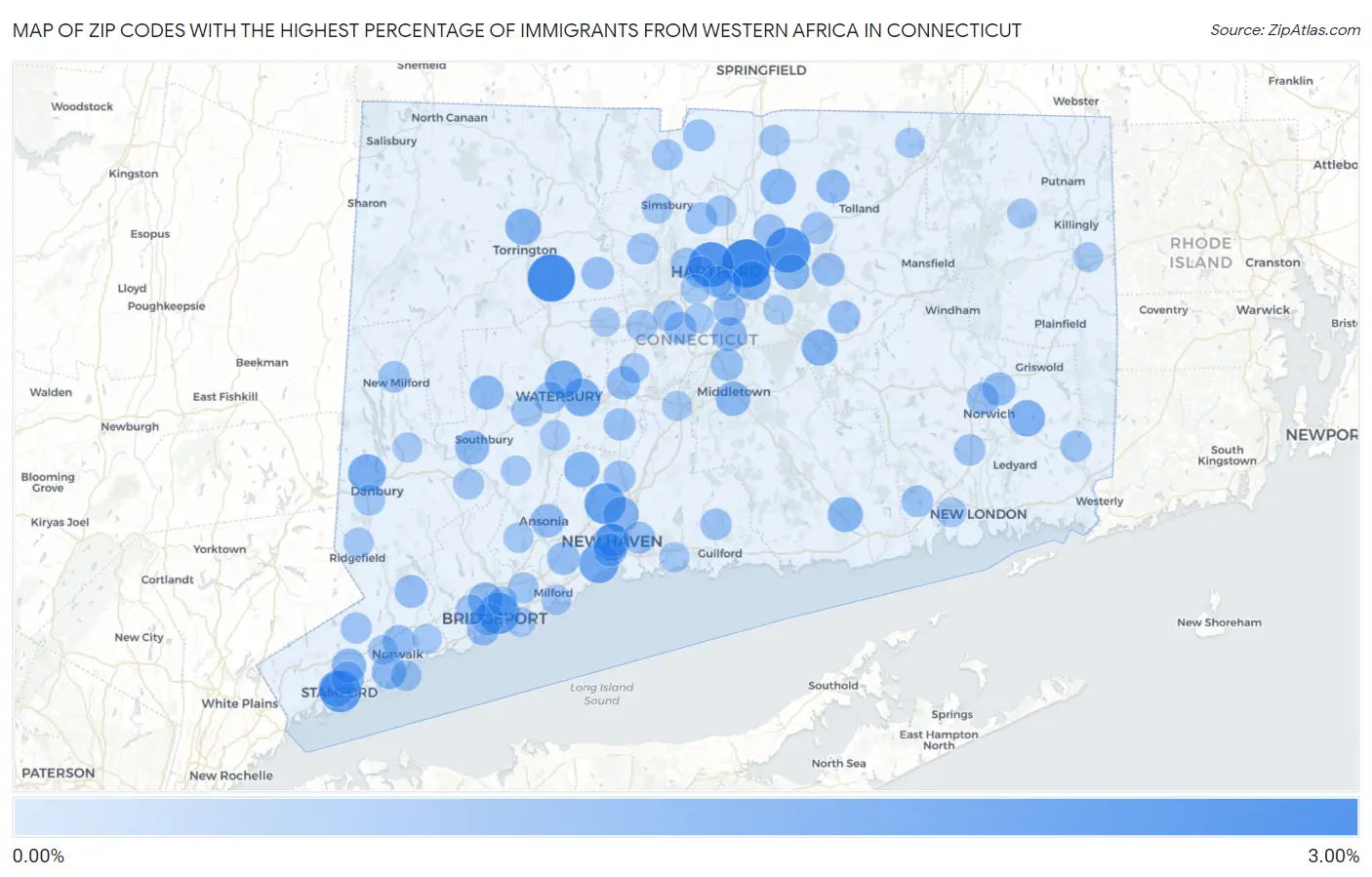 Zip Codes with the Highest Percentage of Immigrants from Western Africa in Connecticut Map