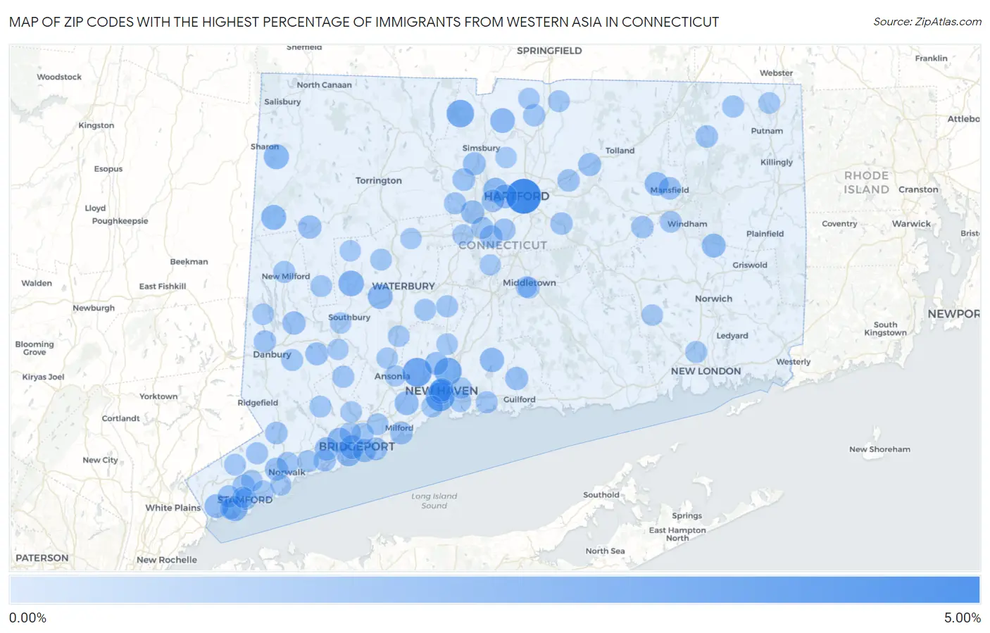 Zip Codes with the Highest Percentage of Immigrants from Western Asia in Connecticut Map