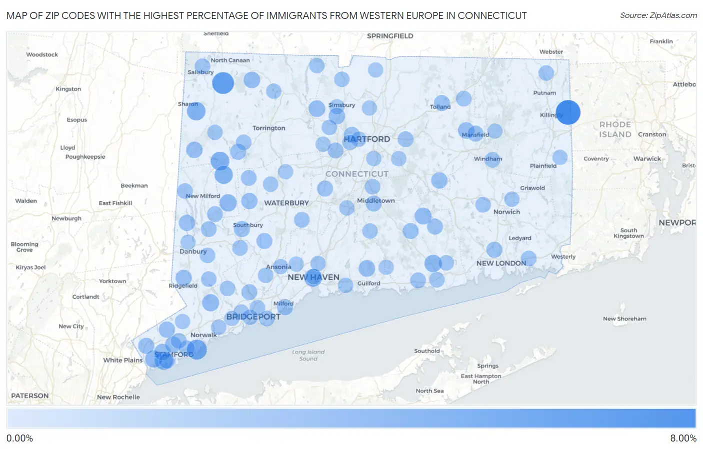 Zip Codes with the Highest Percentage of Immigrants from Western Europe in Connecticut Map