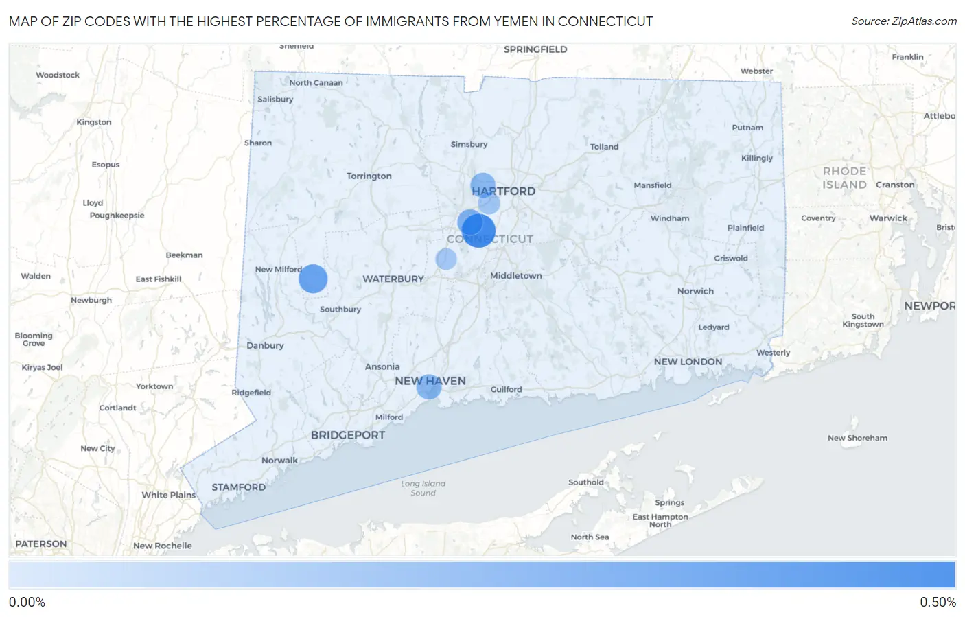 Zip Codes with the Highest Percentage of Immigrants from Yemen in Connecticut Map